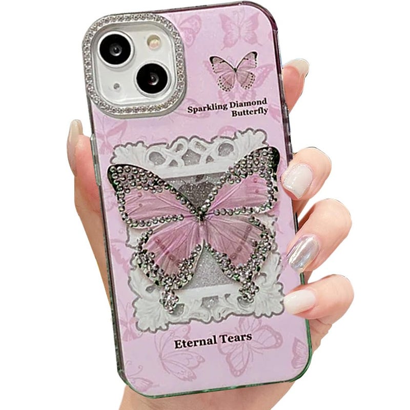 Mobistyle Thermoplastic Polyurethane Designed For iPhone 15 Cover|Glitter Diamand Butterfly Design Phone Back Cover Case For Teen Girl Women (Soft Pink) - Image 1