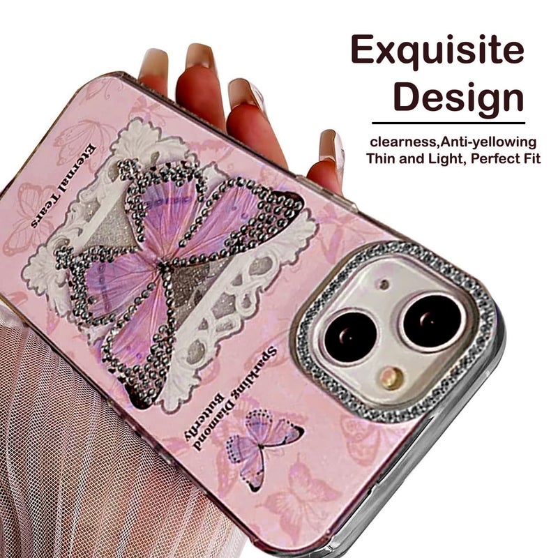 Mobistyle Thermoplastic Polyurethane Designed For iPhone 15 Cover|Glitter Diamand Butterfly Design Phone Back Cover Case For Teen Girl Women (Soft Pink) - Image 2