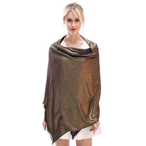 LMVERNA Glitter Shimmer Fringed Pashmina Long Reversible Shawls and Wraps for Evening Dresses(Black-Gold) - Image 2