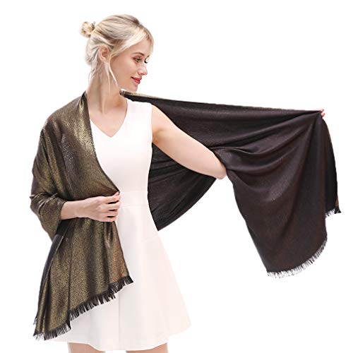 LMVERNA Glitter Shimmer Fringed Pashmina Long Reversible Shawls and Wraps for Evening Dresses(Black-Gold) - Image 1