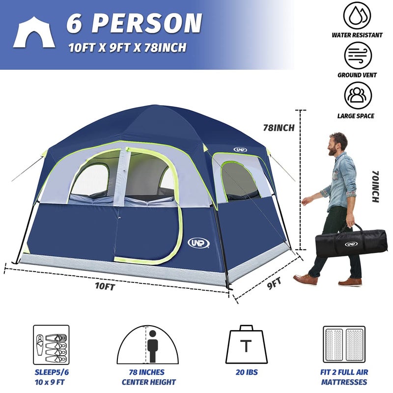 UNP Tents 6 Person Waterproof Windproof Easy Setup,Double Layer Family Camping Tent with 1 Mesh Door & 5 Large Mesh Windows -10'X9'X78in(H) (Dark Blue) - Image 2