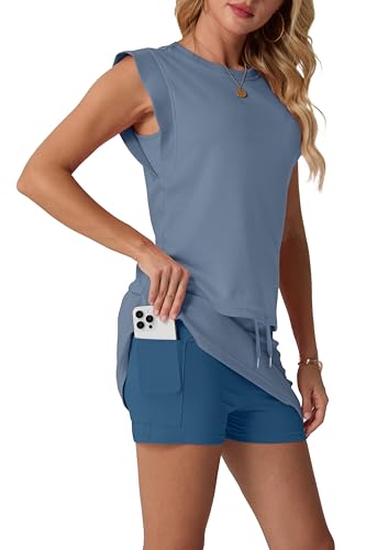GRECERELLE Women's Summer Skort Sets with Pockets Casual Two Piece Matching Outfits for Petite (Denim Blue, X-Small) - Image 3