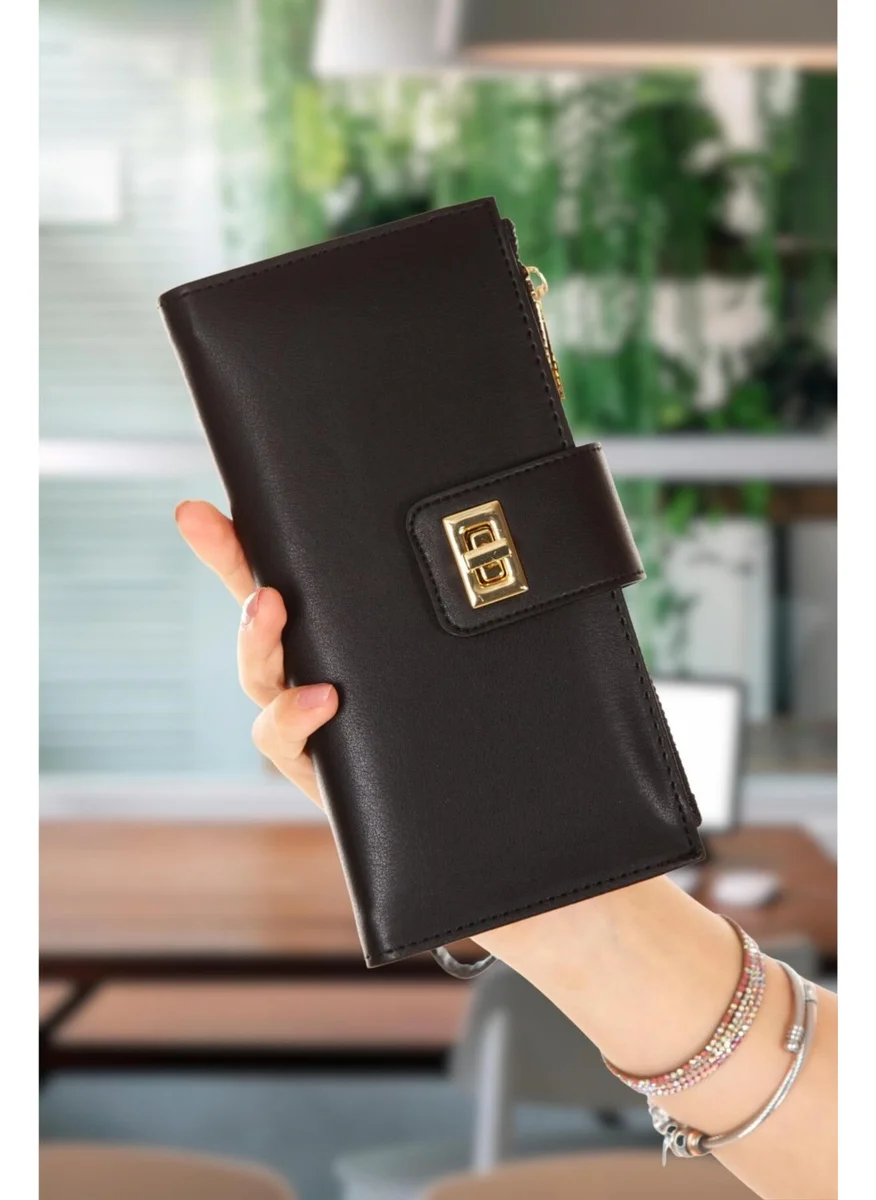 Adelina Bags Women's Black Venesia Paper Coin Card Holder Compartment Locked Wrist Strap Portfolio Wallet