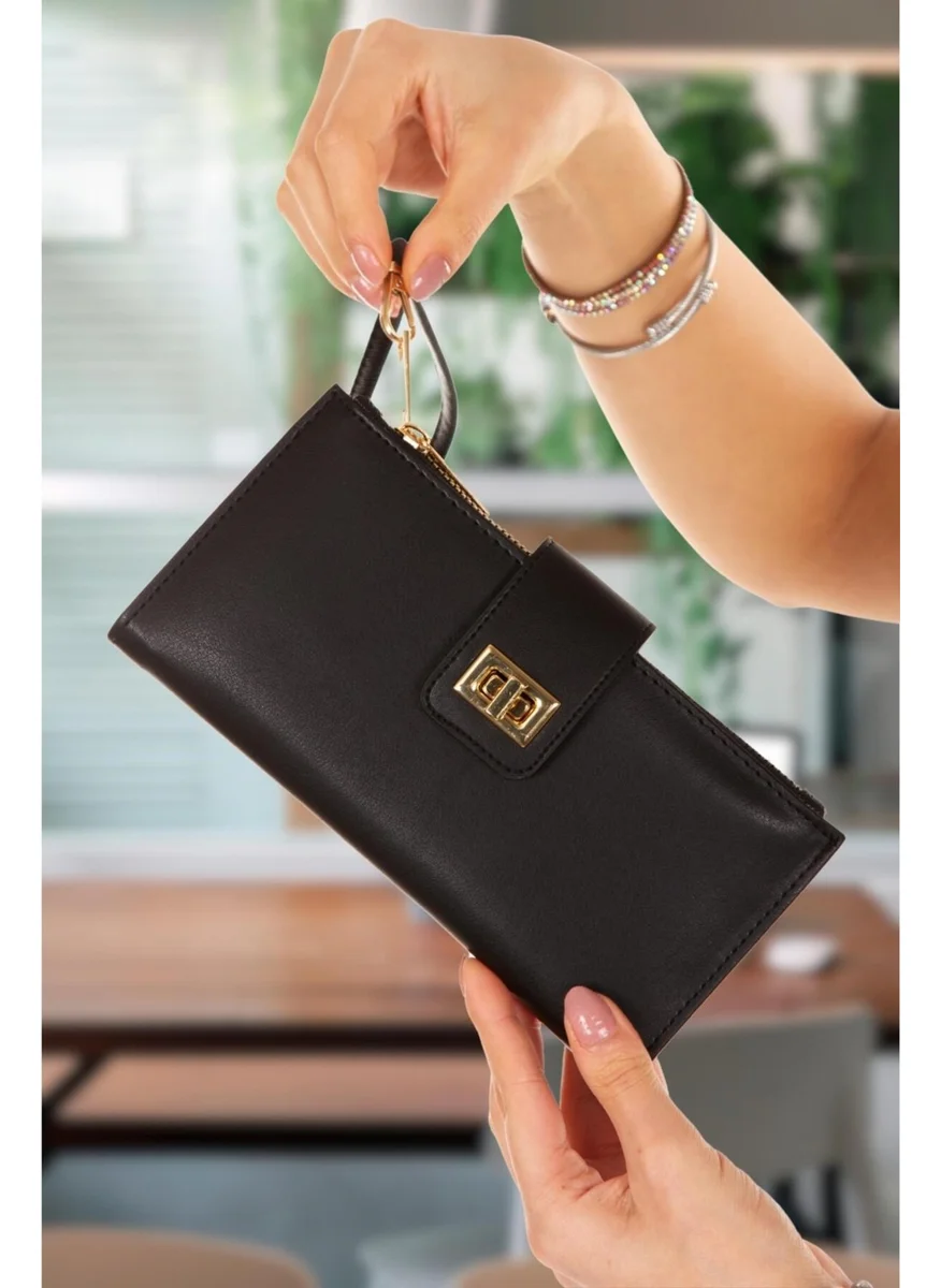 Adelina Bags Women's Black Venesia Paper Coin Card Holder Compartment Locked Wrist Strap Portfolio Wallet