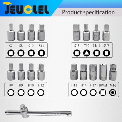 JEUCLEL 18PCS 38 Drive Oil Drain Sump Plug Key Set Drain Plug Socket Set Gearbox Hex Square Triangle Torx Spline Socket Set with Sliding Bar for Oil Sump Differential Gearboxe Engine Oil Sump - Image 3