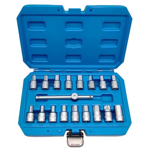 JEUCLEL 18PCS 38 Drive Oil Drain Sump Plug Key Set Drain Plug Socket Set Gearbox Hex Square Triangle Torx Spline Socket Set with Sliding Bar for Oil Sump Differential Gearboxe Engine Oil Sump - Image 1