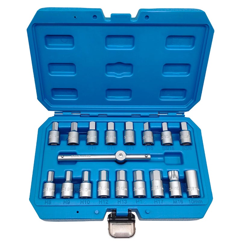 JEUCLEL 18PCS 38 Drive Oil Drain Sump Plug Key Set Drain Plug Socket Set Gearbox Hex Square Triangle Torx Spline Socket Set with Sliding Bar for Oil Sump Differential Gearboxe Engine Oil Sump - Image 2