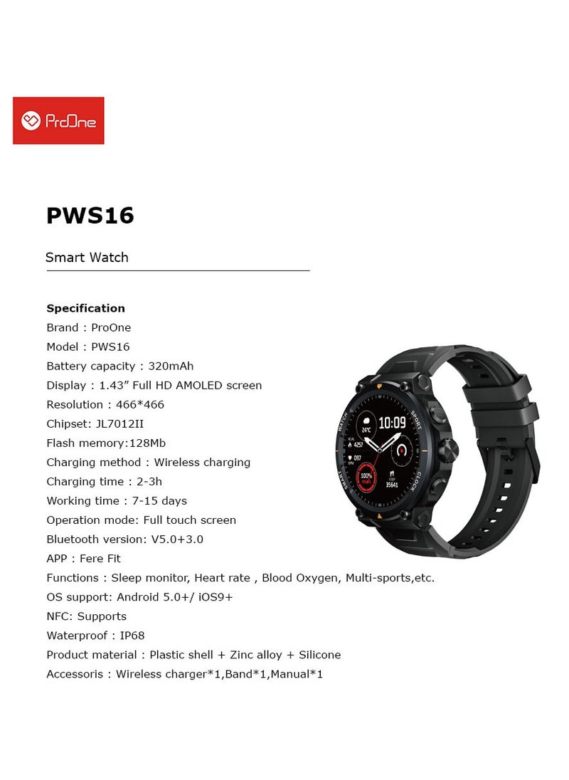 ProOne - ProOne PWS16 Smart Watch with 1.4" Full HD AMOLED Screen Bluetooth Calling Smartwatches for men and women, Fitness Tracker with Heart Rate Monitor - Image 1