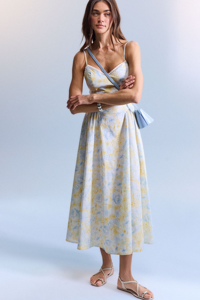 DeFacto Blue Woman Heart Collar Printed Poplin Midi Dress Casual - Image 1