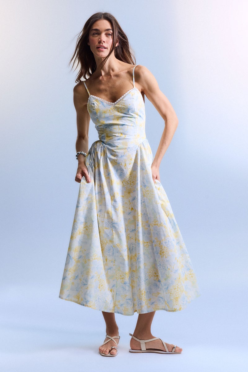 DeFacto Blue Woman Heart Collar Printed Poplin Midi Dress Casual - Image 3
