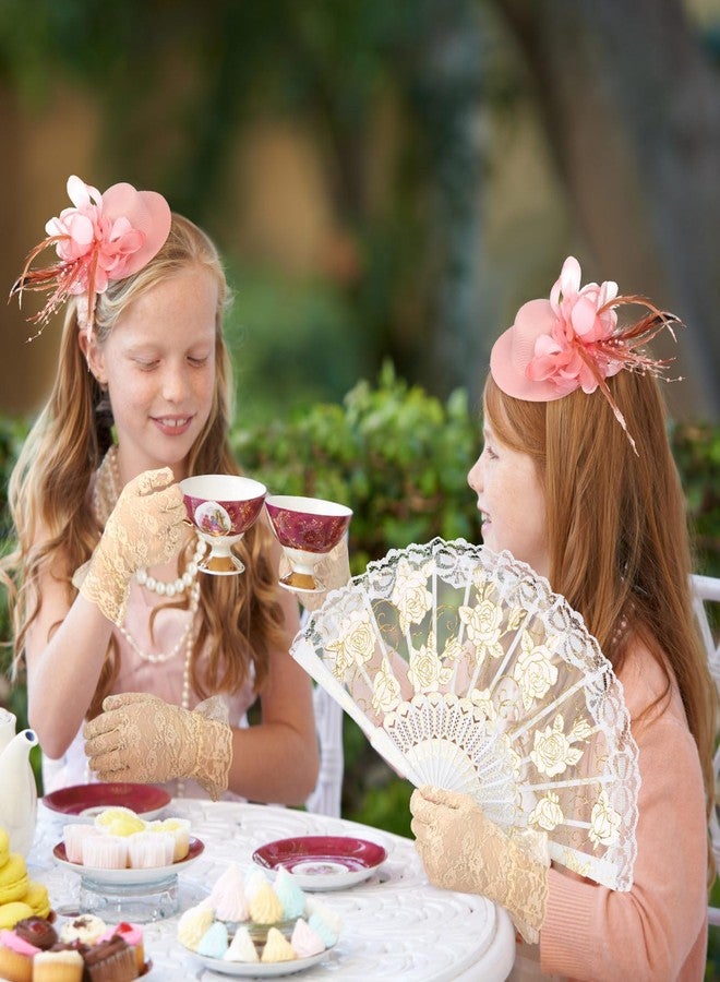 Sintege 4 Pieces Girls Tea Party Supplies Tea Party Gloves Hats Girls Kids Tea Party Necklace Fan for Girls Tea Party Decor (Champagne) - Image 2
