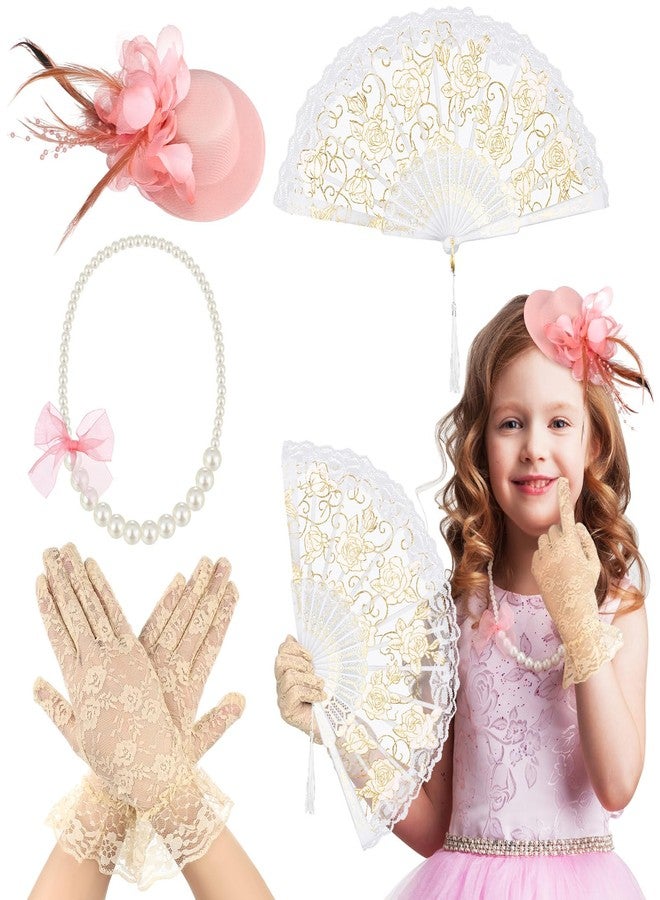 Sintege 4 Pieces Girls Tea Party Supplies Tea Party Gloves Hats Girls Kids Tea Party Necklace Fan for Girls Tea Party Decor (Champagne) - Image 1