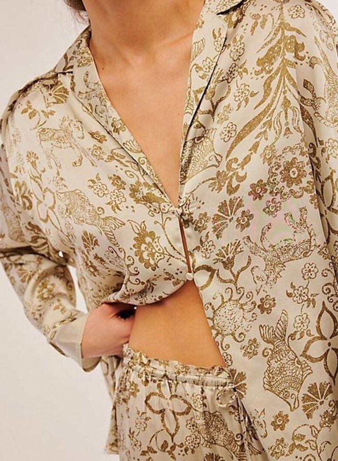 Yimoon Womens Satin Pajama Set Floral Silk Pajamas 2 Piece Cute Long Sleeve Button Down Pjs Sleepwear Lounge Set, Khaki, M - Image 3