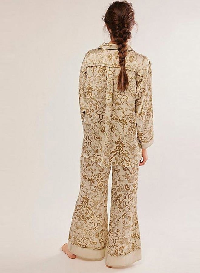 Yimoon Womens Satin Pajama Set Floral Silk Pajamas 2 Piece Cute Long Sleeve Button Down Pjs Sleepwear Lounge Set, Khaki, M - Image 2