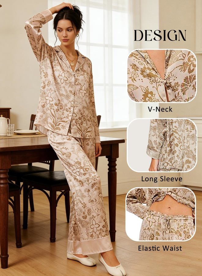 Yimoon Womens Satin Pajama Set Floral Silk Pajamas 2 Piece Cute Long Sleeve Button Down Pjs Sleepwear Lounge Set, Khaki, M - Image 4