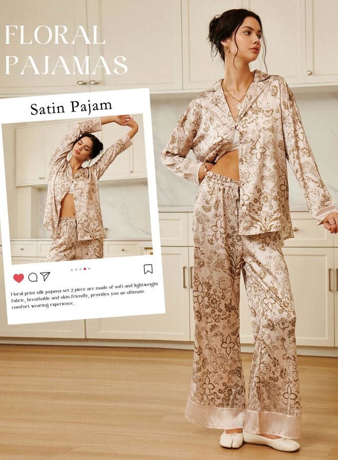 Yimoon Womens Satin Pajama Set Floral Silk Pajamas 2 Piece Cute Long Sleeve Button Down Pjs Sleepwear Lounge Set, Khaki, M - Image 5