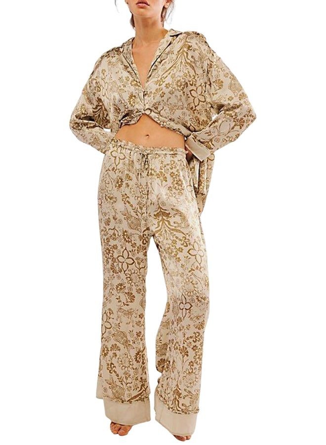 Yimoon Womens Satin Pajama Set Floral Silk Pajamas 2 Piece Cute Long Sleeve Button Down Pjs Sleepwear Lounge Set, Khaki, M - Image 1