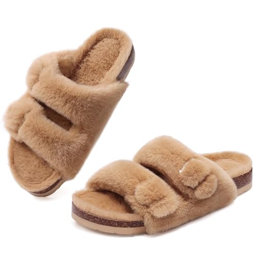 KIDMI Fuzzy Slippers Women with Cork Footbed Fluffy Slides Open Toe Indoor House Shoes | Arch Support | Adjustable Buckles, Khaki 9 - Image 1
