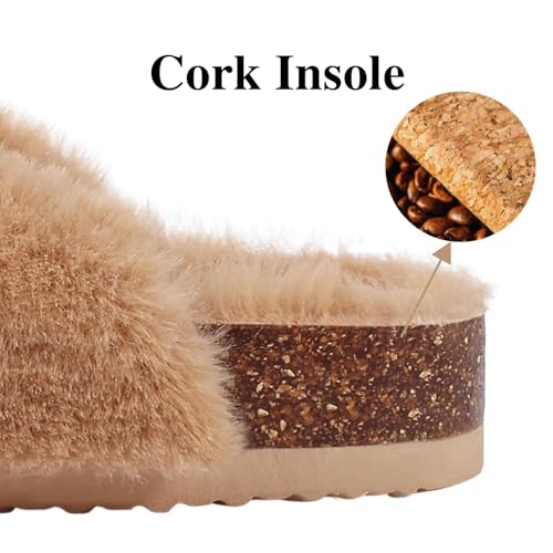 KIDMI Fuzzy Slippers Women with Cork Footbed Fluffy Slides Open Toe Indoor House Shoes | Arch Support | Adjustable Buckles, Khaki 9 - Image 4