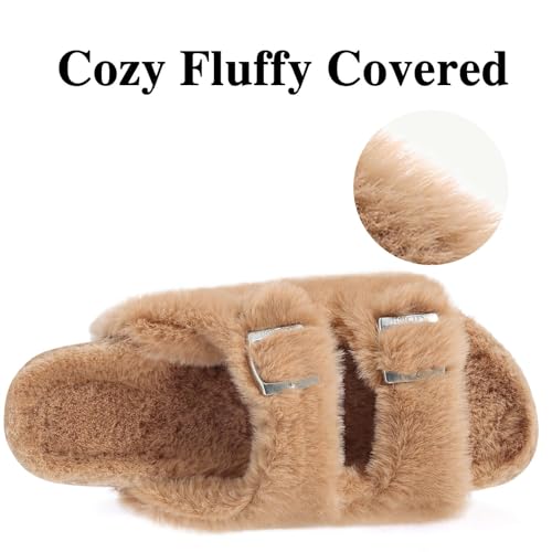 KIDMI Fuzzy Slippers Women with Cork Footbed Fluffy Slides Open Toe Indoor House Shoes | Arch Support | Adjustable Buckles, Khaki 9 - Image 5