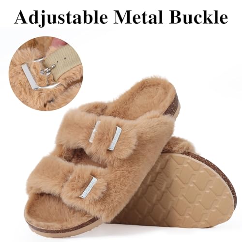 KIDMI Fuzzy Slippers Women with Cork Footbed Fluffy Slides Open Toe Indoor House Shoes | Arch Support | Adjustable Buckles, Khaki 9 - Image 3
