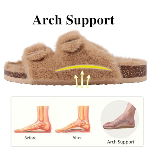 KIDMI Fuzzy Slippers Women with Cork Footbed Fluffy Slides Open Toe Indoor House Shoes | Arch Support | Adjustable Buckles, Khaki 9 - Image 2