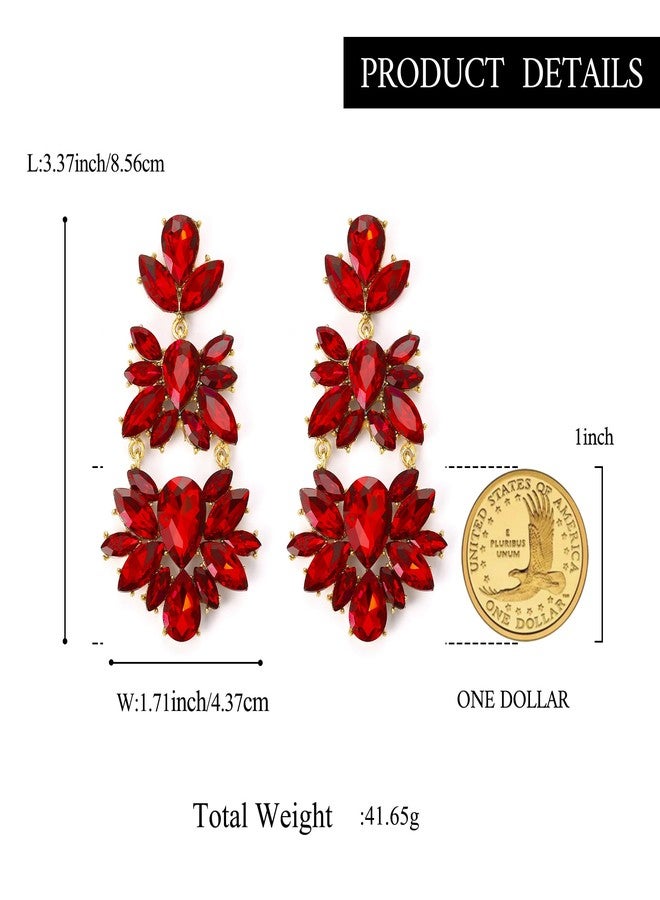 BriLove Gorgeous Shiny Rhinestones Teardrop Chandelier Long Dangle Earrings for Wedding Bridal Party Prom Jewelry Accessories Ruby Color Gold-Tone - Image 5