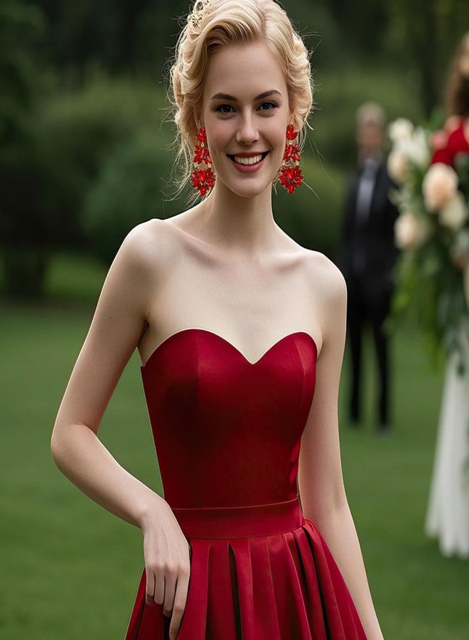 BriLove Gorgeous Shiny Rhinestones Teardrop Chandelier Long Dangle Earrings for Wedding Bridal Party Prom Jewelry Accessories Ruby Color Gold-Tone - Image 2