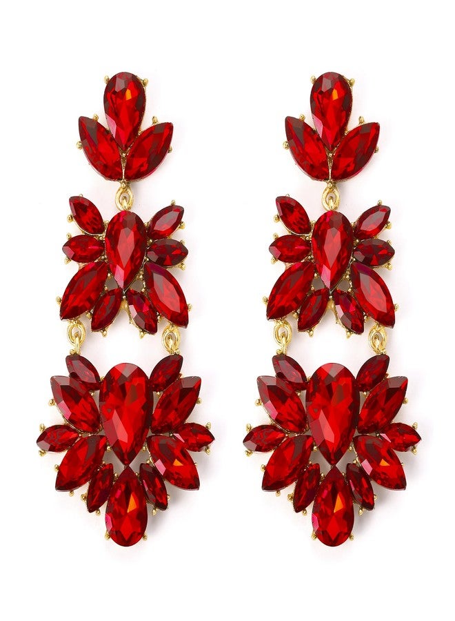BriLove Gorgeous Shiny Rhinestones Teardrop Chandelier Long Dangle Earrings for Wedding Bridal Party Prom Jewelry Accessories Ruby Color Gold-Tone - Image 1