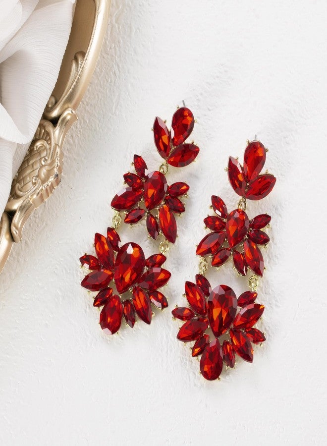 BriLove Gorgeous Shiny Rhinestones Teardrop Chandelier Long Dangle Earrings for Wedding Bridal Party Prom Jewelry Accessories Ruby Color Gold-Tone - Image 4