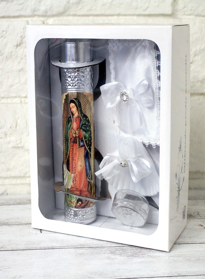 Ooki Beautiful Handmade 5 Piece Color Silver Guadalupe Foil Baptism Christening Shells Candle Set Favors Girl Boy White Set de Bautizo Espanol Nina Nino Baptism Communion Lace Gift Box - Image 5