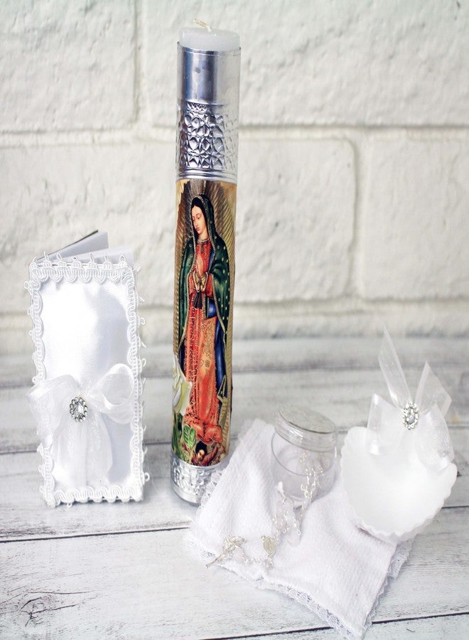 Ooki Beautiful Handmade 5 Piece Color Silver Guadalupe Foil Baptism Christening Shells Candle Set Favors Girl Boy White Set de Bautizo Espanol Nina Nino Baptism Communion Lace Gift Box - Image 2