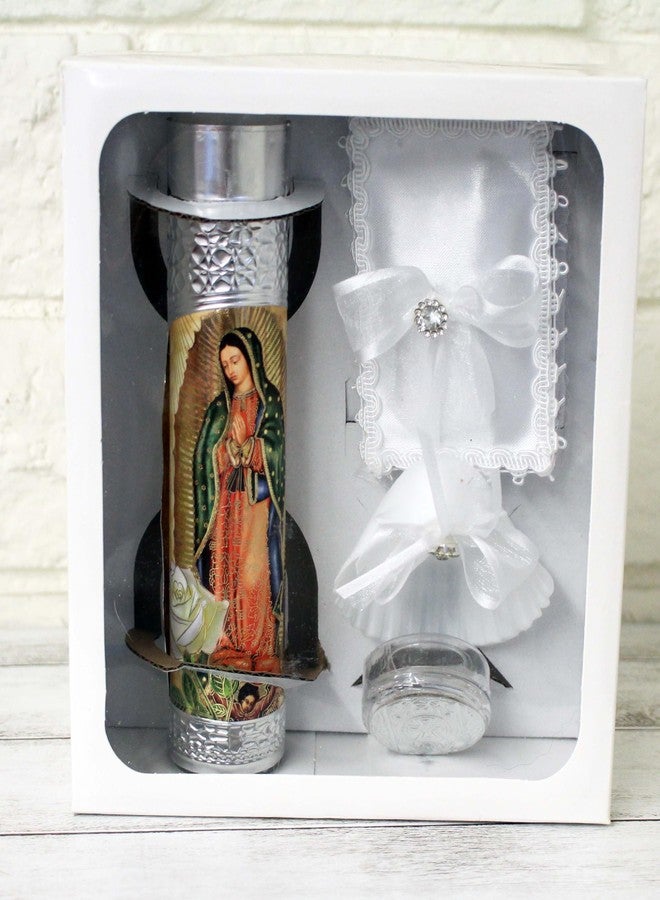Ooki Beautiful Handmade 5 Piece Color Silver Guadalupe Foil Baptism Christening Shells Candle Set Favors Girl Boy White Set de Bautizo Espanol Nina Nino Baptism Communion Lace Gift Box - Image 1