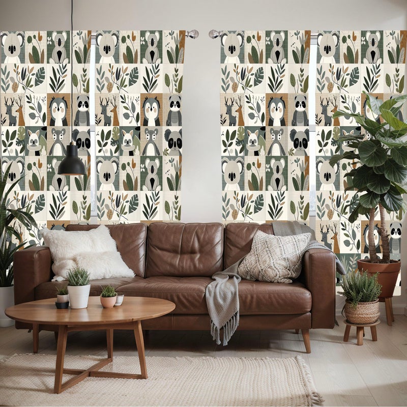 Ambesonne Animals Window Curtains Pack of 2  Cartoon Woodland Art with Exotic Leaves Koala and Deer Pattern Checkered  Lightweight Set with Rod Pocket  4 Panels of - 28"" x 95""  Blue Grey Pale Taupe - Image 2