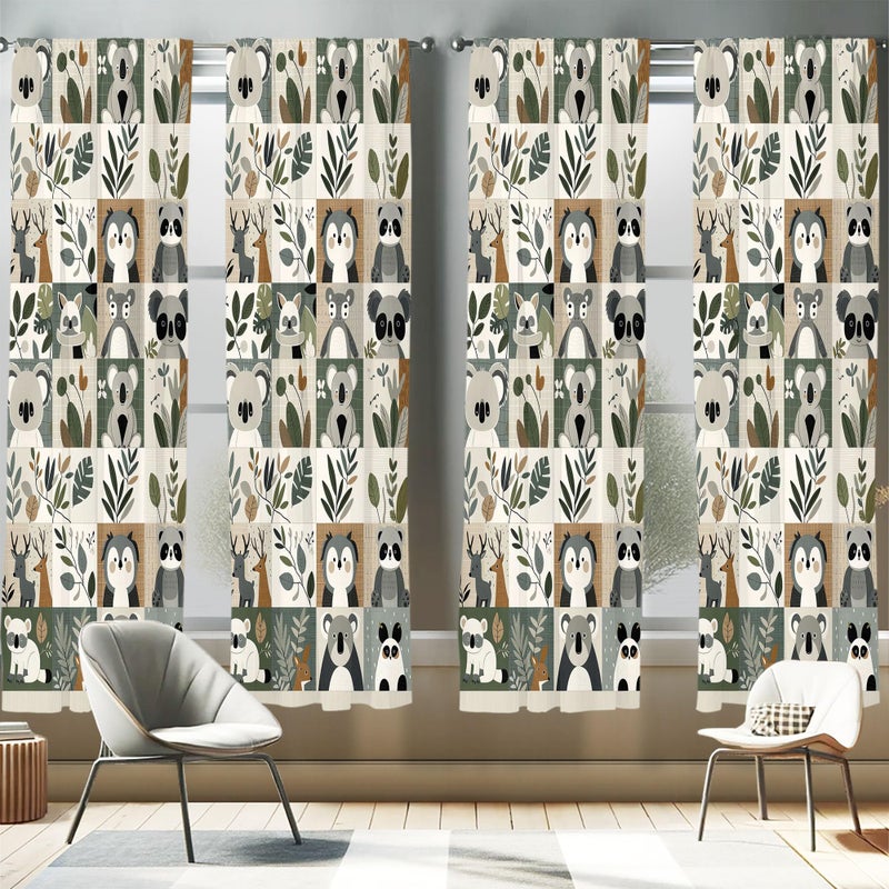 Ambesonne Animals Window Curtains Pack of 2  Cartoon Woodland Art with Exotic Leaves Koala and Deer Pattern Checkered  Lightweight Set with Rod Pocket  4 Panels of - 28"" x 95""  Blue Grey Pale Taupe - Image 1
