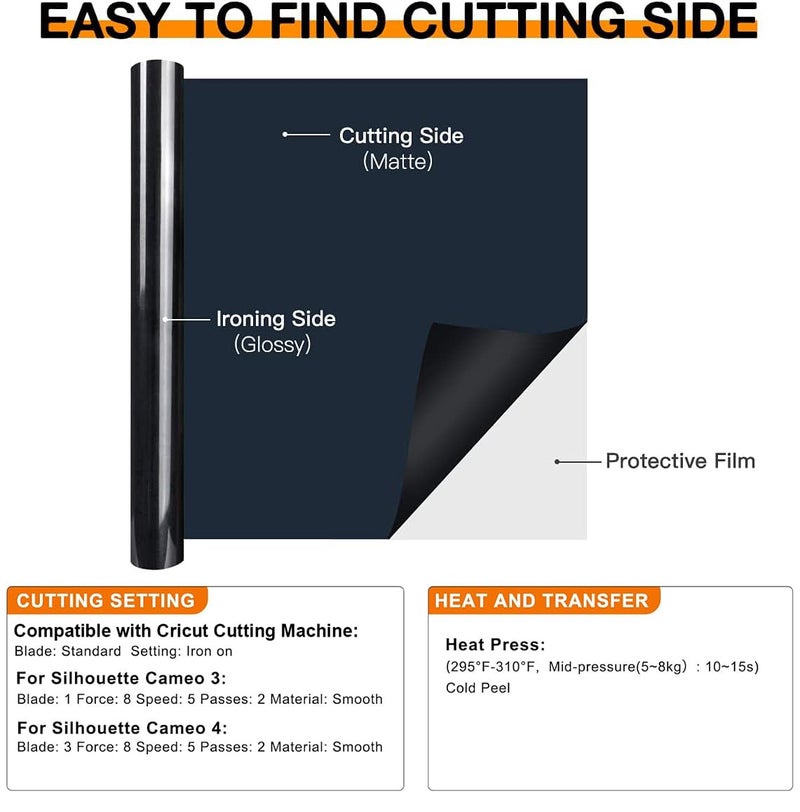 HTVRONT HTV Vinyl Rolls - 12" x 8ft Black Heat Transfer Vinyl for Shirts, Iron on Vinyl for All Cutting Machines - Easy to Cut & Weed for Heat Vinyl Design - Image 5