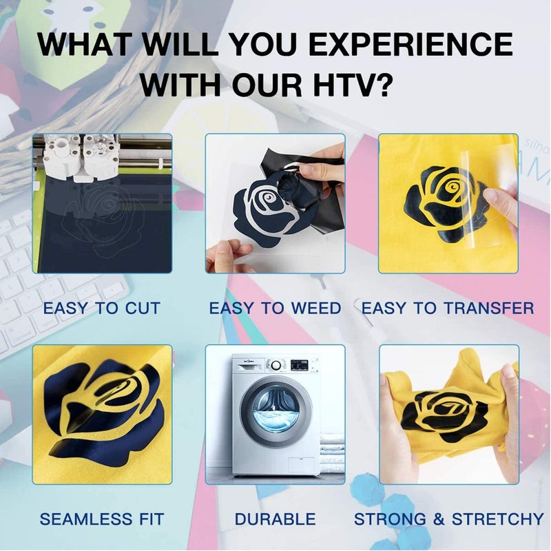 HTVRONT HTV Vinyl Rolls - 12" x 8ft Black Heat Transfer Vinyl for Shirts, Iron on Vinyl for All Cutting Machines - Easy to Cut & Weed for Heat Vinyl Design - Image 3