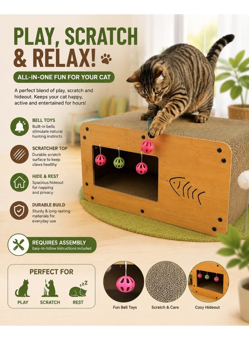 Interactive Cat Scratcher House with Hideout, Hanging Bell Toys & Scratch Top – Wooden Cat Play Box (Assembly Required) - Image 1