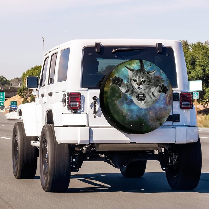 Delerain Spare Tire Cover with Backup Camera Hole - Starry Sky Cat Design, Waterproof and UV Resistant, Universal Fit for RV, SUV, Truck (17 Inch for Diameter 31"-33") - Image 2