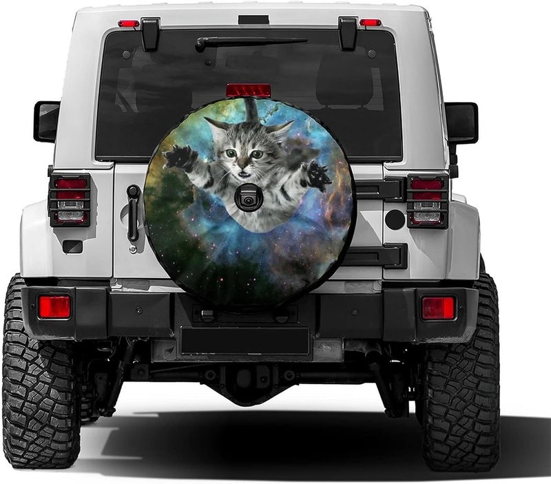 Delerain Spare Tire Cover with Backup Camera Hole - Starry Sky Cat Design, Waterproof and UV Resistant, Universal Fit for RV, SUV, Truck (17 Inch for Diameter 31"-33") - Image 1