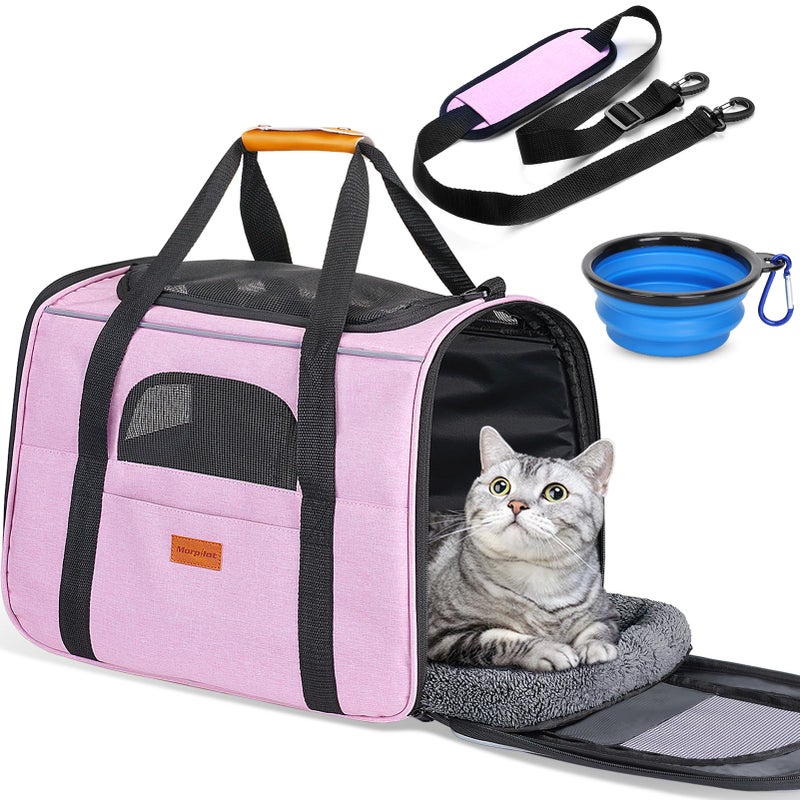 Morpilot Portable Cat Carrier - Soft Cat Carrier for Medium Cats and Puppy up to 15lbs,with Dual-Sided Cushion, Secure Buckle and Foldable Bowl, Dog Carriers for Small Dogs - Pet Carrier (Pink) - Image 1