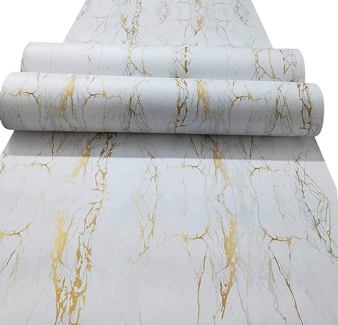 ERATO White Gold Grain Marble Wall Stickers Marble Wallpaper Furniture (24x66 in) Kitchen Cabinets Wooden Table Countetop Wardrode Vinyl Marble Wallpaper - Image 1