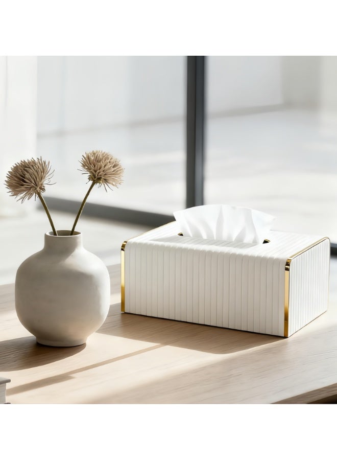 Tissue Box Cover,White Rectangle Leather Tissue Box Holder with Gold-Tone Edging Decoration,Decorative Tissue Cover for Bathroom Toilet Bedroom Living Room Table Desk Office (White) - Image 1