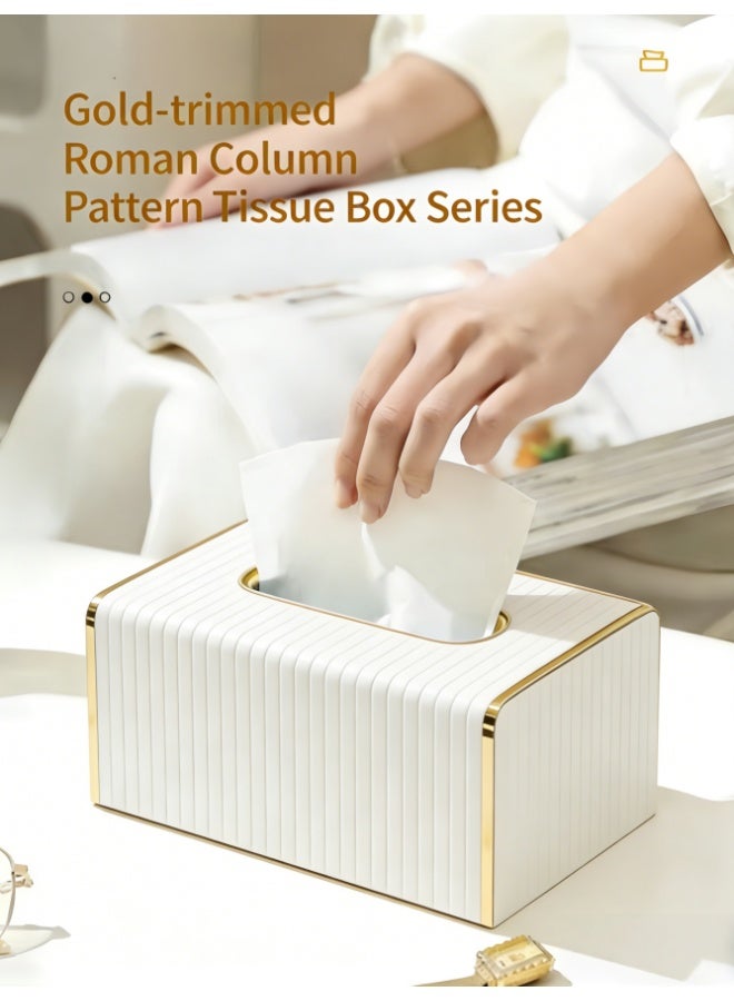 Tissue Box Cover,White Rectangle Leather Tissue Box Holder with Gold-Tone Edging Decoration,Decorative Tissue Cover for Bathroom Toilet Bedroom Living Room Table Desk Office (White) - Image 2