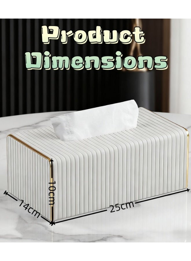 Tissue Box Cover,White Rectangle Leather Tissue Box Holder with Gold-Tone Edging Decoration,Decorative Tissue Cover for Bathroom Toilet Bedroom Living Room Table Desk Office (White) - Image 3