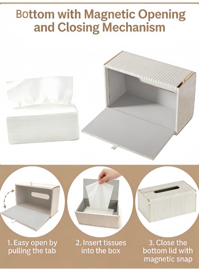 Tissue Box Cover,White Rectangle Leather Tissue Box Holder with Gold-Tone Edging Decoration,Decorative Tissue Cover for Bathroom Toilet Bedroom Living Room Table Desk Office (White) - Image 4