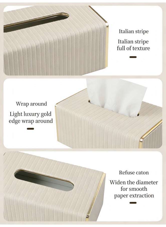 Tissue Box Cover,White Rectangle Leather Tissue Box Holder with Gold-Tone Edging Decoration,Decorative Tissue Cover for Bathroom Toilet Bedroom Living Room Table Desk Office (White) - Image 5