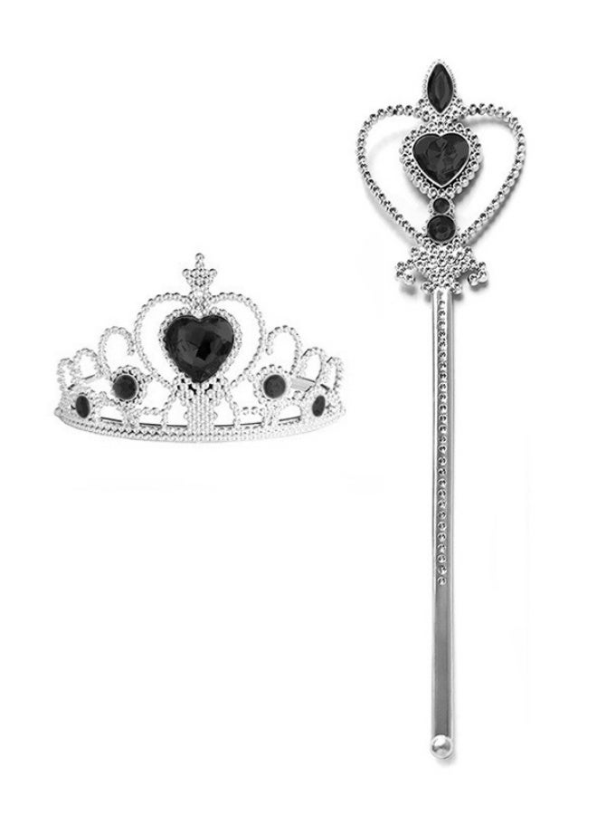 Princess Accessories Dress-Up Set with Crown and Magic Wand, Heart-Shaped Diamond Crown for Children, Party Role-Playing Gift Set, Black Crown Scepter 
