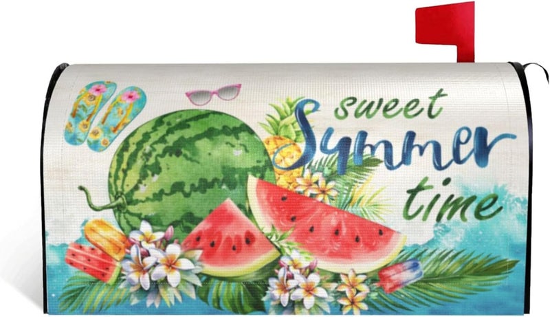 ARKUKT Sweet Summer Time Mailbox Cover Magnetic Watermelon Tropical Plants and Flowers Mailbox Wraps Post Letter Box Cover for Garden Yard Home Decor Standard Size 21" x 18" - Image 1