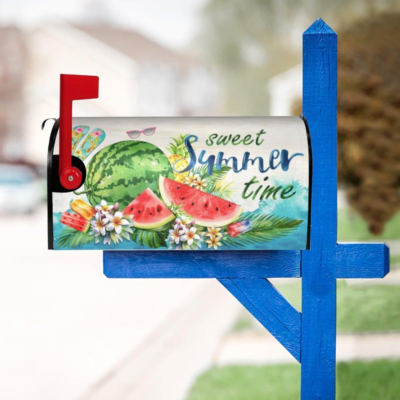 ARKUKT Sweet Summer Time Mailbox Cover Magnetic Watermelon Tropical Plants and Flowers Mailbox Wraps Post Letter Box Cover for Garden Yard Home Decor Standard Size 21" x 18" - Image 2